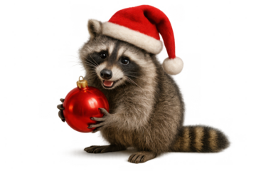 Raccoon wearing a santa hat holding a red christmas ornament, creating festive holiday animal visuals with transparent background
