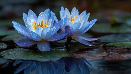 Two beautiful blue water lilies in a pond.