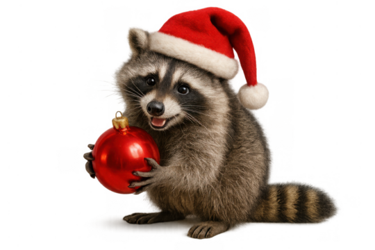 Raccoon wearing a santa hat holding a red christmas ornament, creating festive holiday animal visuals with transparent background - Powered by Adobe
