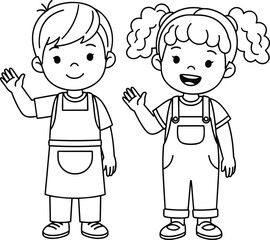Cute cartoon boy and girl waving, kids coloring page line art, happy children illustration, preschool printable activity, adorable kid characters