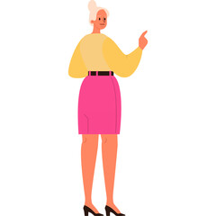 Woman In Yellow Top And Pink Skirt Pointing Finger Isolated On White Background Elegant Professional Business Attire