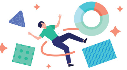 Employees presenting business progress and infographic charts. Memphis business illustration.