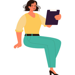 Woman in Yellow Top and Teal Pants Sitting Holding Clipboard Smiling Confidently Isolated on White Background Professional Businesswoman Illustration Style