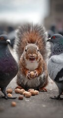 Cute Squirrel with Peanuts and Pigeons.