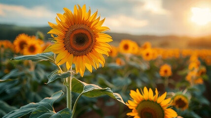 Naklejka premium A person among an agricultural field of sunflowers, a background of nature in a village in summer