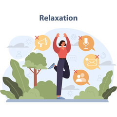 Woman in yoga pose with arms raised in park surrounded by green bushes and trees symbolizing relaxation and freedom from communication overload with icons showing crossed out messages and social media