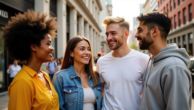 Friendly group of young adults enjoying urban street together