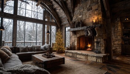 Rustic Living Room with Fireplace and Windows.