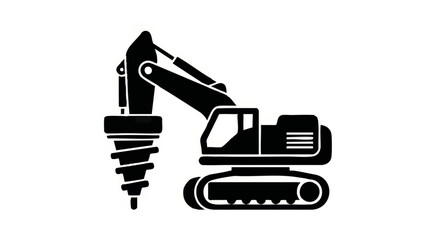 Obraz premium Drilling rig excavator icon. Heavy construction machinery with auger attachment. Black silhouette vector illustration