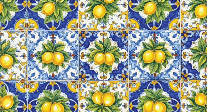 Seamless Sicilian Majolica Tile Pattern with Lemons and Baroque Ornament