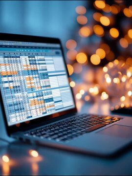 Laptop Spreadsheet Data Analysis and Technology in Office Workspace with Glowing Bokeh Light, Modern Digital Planning, Productivity, and Professional Organization for Business and Finance