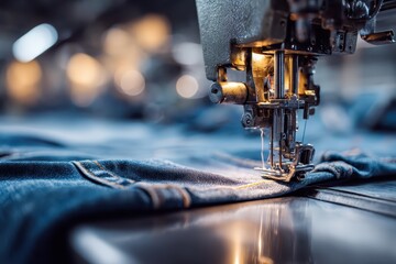 Automated sewing machine working on denim jeans in a well-lit manufacturing facility during daylight hours