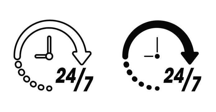 any time icon 24 7 service clock symbol in black and white