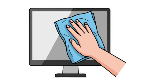 Hand cleaning a computer monitor screen with a cloth. Simple cartoon vector illustration of electronic device maintenance and hygiene