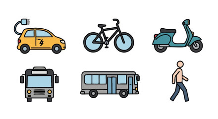 Transportation icon set in a hand-drawn style. Vector illustrations of an electric car, bus, bicycle, scooter, and pedestrian for urban mobility concepts