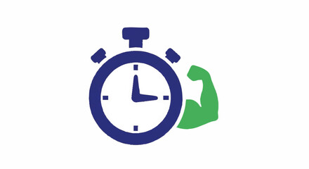 Fitness and strength icon with a stopwatch and flexed bicep. A concept for workout timing, performance, and power. Simple flat vector illustration