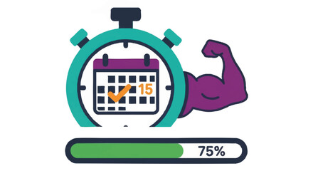 Fitness goal and progress tracking concept illustration. Hand-drawn vector with a stopwatch, calendar, and muscle icon. Symbol of consistency, strength, and achieving deadlines