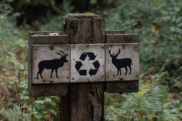 Sign for wildlife protection and recycling in a lush forest area, promoting environmental conservation