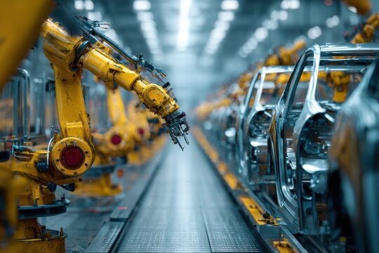 Automated robots spray paint vehicle chassis in a modern factory setting