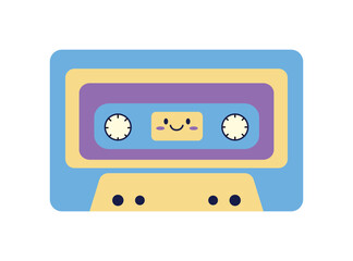 Naklejka premium Cute Smiling Cassette Tape Vector Illustration. Vector illustration of a cute retro cassette tape with a smiling face, featuring vibrant pastel colors.