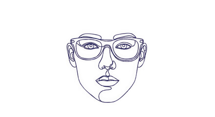 One line drawing of a face with glasses. Continuous single line art portrait. Minimalist abstract vector illustration