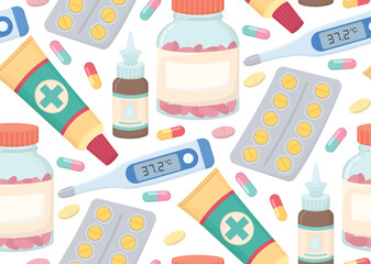 Seamless background with pharmaceutical products and medical items. Colorful pattern of thermometer, nasal drops, ointment tube, pill bottles, capsules, blister packs with tablets