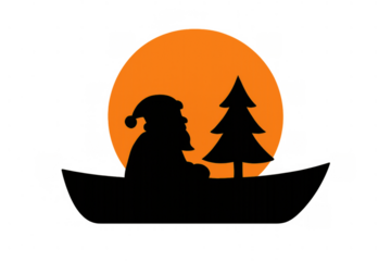 Santa claus silhouette in boat with christmas tree, an orange moon rising behind, celebrating winter holidays