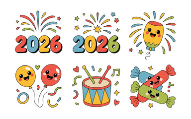 Fototapeta premium Celebrate 2026 with fun, colorful cartoon illustrations perfect for New Year's cards, party decorations and festive designs for kids and adults alike