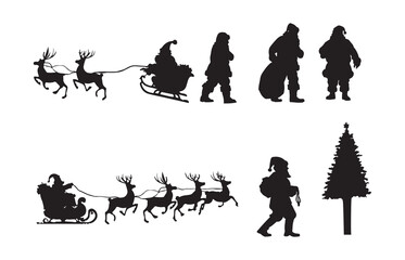 A classic Christmas silhouette with Santa, a Christmas tree, and festive decorations. Santa, a tree, and holiday cheer. Santa and a tree bring Christmas joy. The holiday illustration is set on white.
