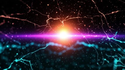 Abstract digital art with glowing orange and purple light, electric blue lines, and grainy vintage film texture creates cosmic, energetic, and futuristic atmosphere, vibrant dynamic dramatic mood - Powered by Adobe