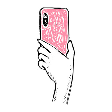Human hand holding a smartphone taking selfies, photos, video gestures hand drawn