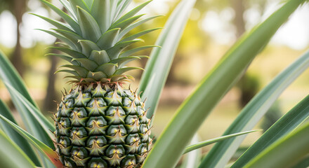 Pineapple growing in tropical garden with lush green leaves and soft sunlight