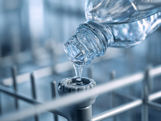 A bottle pouring clear water into the dishwasher dispenser for cleaning cycle with a soft focus background of dishwasher interior racks in cool blue tones