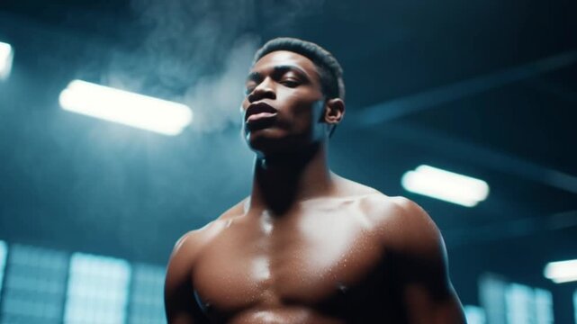 Intense boxer exhaling steam cold gym, muscular male athlete with defined abs, dramatic lighting, focused expression, fitness motivation, strength and determination, shirtless dramatic lighting