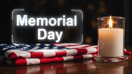 Memorial day glowing text over a folded american flag and a burning candle to honor heroes and veterans