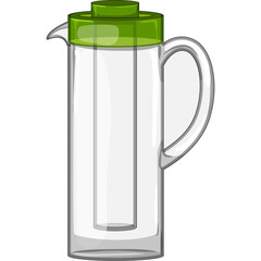 Clear Glass Pitcher With Green Lid And Handle For Cold Beverages And Water With Ice Tube Inside Transparent Background Cartoon Illustration
