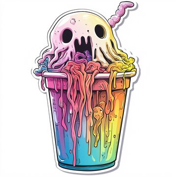 Sticker design of a pop surreal ghost slurping whipped jelly noodles from rainbow cup on white background, no person, no tattooed skin