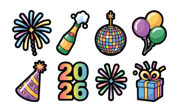 Celebrate 2026 in style with this fun, colorful New Year's Eve party collection featuring fireworks, champagne, disco ball and festive balloons!