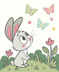 Cute Bunny Watching Butterflies in a Spring Meadow