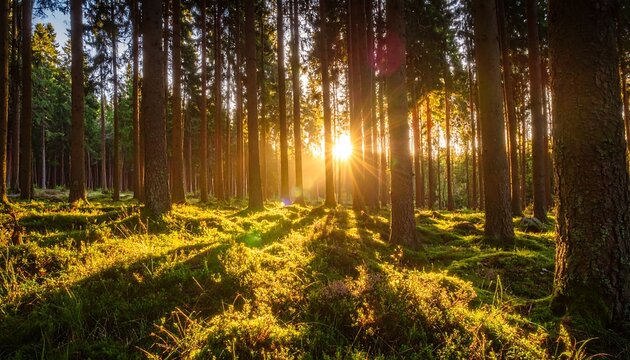 Sunlight streams through a dense forest - Powered by Adobe