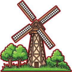 Cute countryside windmill illustration, cartoon rural landscape scene, wooden windmill with trees and grass, farm village nature art design