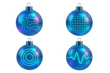 Futuristic christmas ornaments with glowing neon circuit board, radar signal, sound wave, and dot patterns illustrating holiday technology