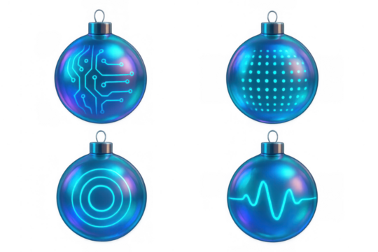 Futuristic christmas ornaments with glowing neon circuit board, radar signal, sound wave, and dot patterns illustrating holiday technology