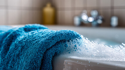 Soft blue towel resting on the edge of a bathtub filled with frothy bubbles in a cozy bathroom setting with blurred warm background elements