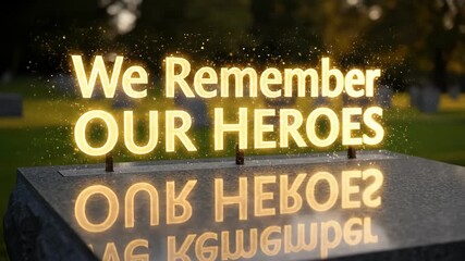Glowing text We remember our heroes on a tombstone. Veterans day memorial concept with graves in the background with shining particles
