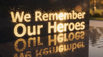 We remember our heroes glowing text on a memorial monument with reflecting surface. Veterans day concept with tribute and honor.