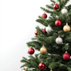 Christmas tree branches decorated with festive red gold silver ornaments