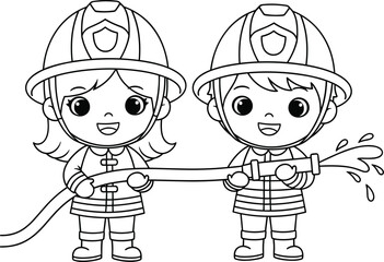 Cute firefighter kids spraying water, cartoon boy and girl in fire helmets, safety hero illustration for children, firefighter coloring page
