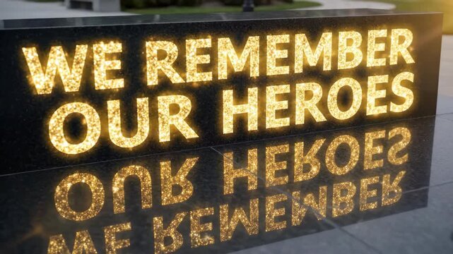 Veterans day memorial inscription glowing with we remember our heroes message on dark granite monument surface. Tribute to fallen soldiers.