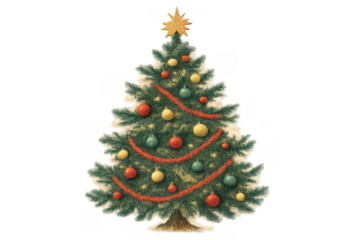 Classic christmas tree artwork, decorated with red and green baubles, yellow ornaments, red tinsel garland, star, transparent background